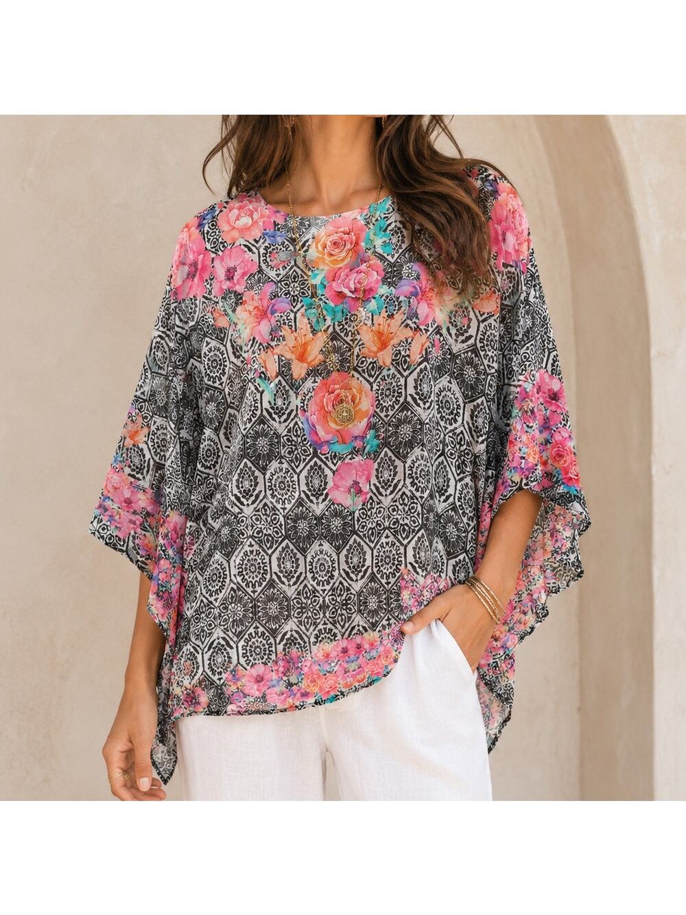 Tolani Collection Geo Printed Woven Caftan Tunic Poncho Top Black Floral Large